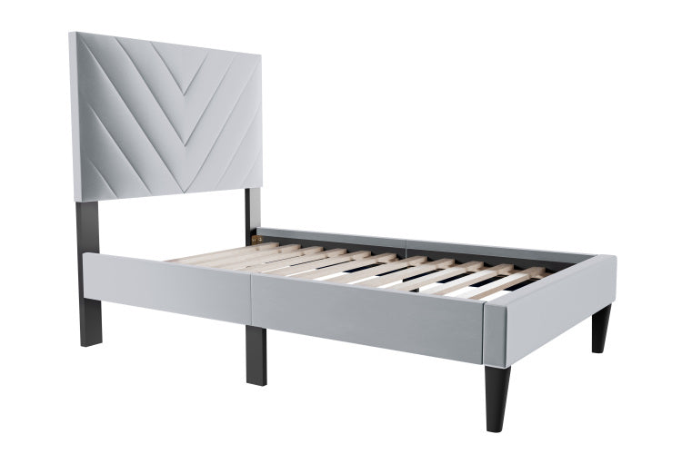 Modern V Stitching Tufted Design Twin Bed Velvet Upholstered In Gray