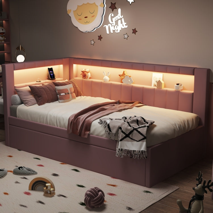 Upholstered Twin Size Platform Bed With Usb Ports And Led Belt, With Trundle, Pink