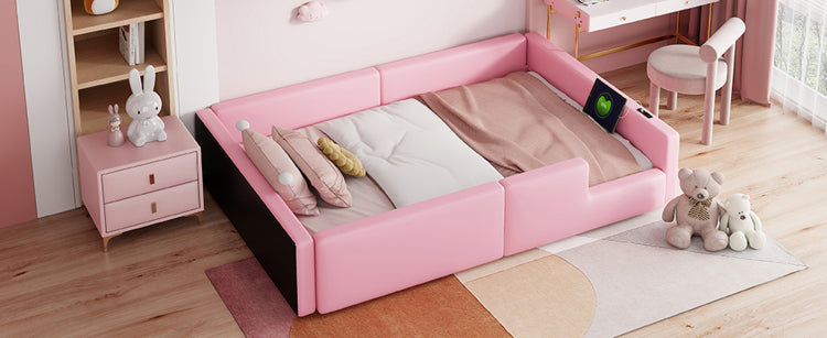 Twin Size Upholstered Platform Bed With Guardrail And Charging Station, Pink