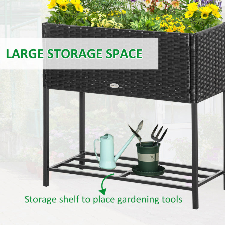 Outsunny Raised Garden Bed, Elevated Planter Box With Rattan Wicker Look, Tool Storage Shelf, Portable Design For Herbs, Vegetables, Flowers, Black