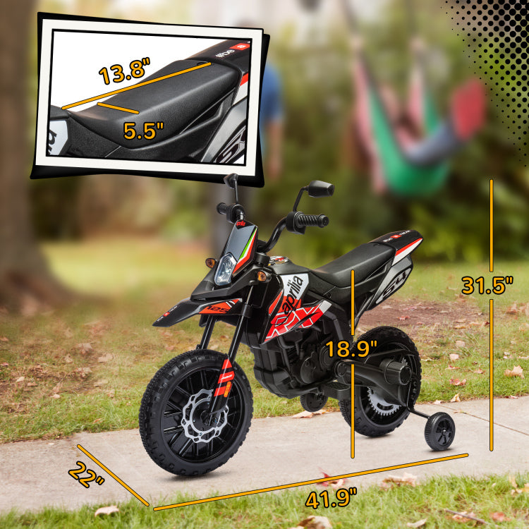 Qaba 12V Kids Motorcycle, Aprilia Licenced Electric Motorcycle For Kids With Training Wheels, Spring Suspension, Led Light, Usb, Music, Battery Powered Electric Dirt Bike For Boys Girls, Red