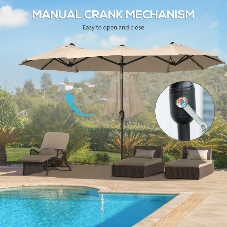 Outsunny Double Sided Patio Umbrella 9.5' Large Outdoor Market Umbrella With Push Button Tilt And Crank, 3 Air Vents And 12 Ribs, For Garden, Deck, Pool, Brown