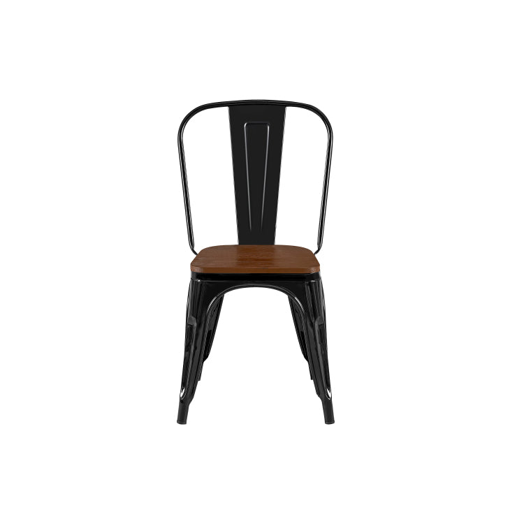 Set Of 2 High Gloss Black With Walnut Wooden Seat Industrial Metal Dining Chairs 18 Inch Seat Height Stackable, Indoor Outdoor, Lightweight Easy Clean Surface, Easy Assembly, Durable Modern Design