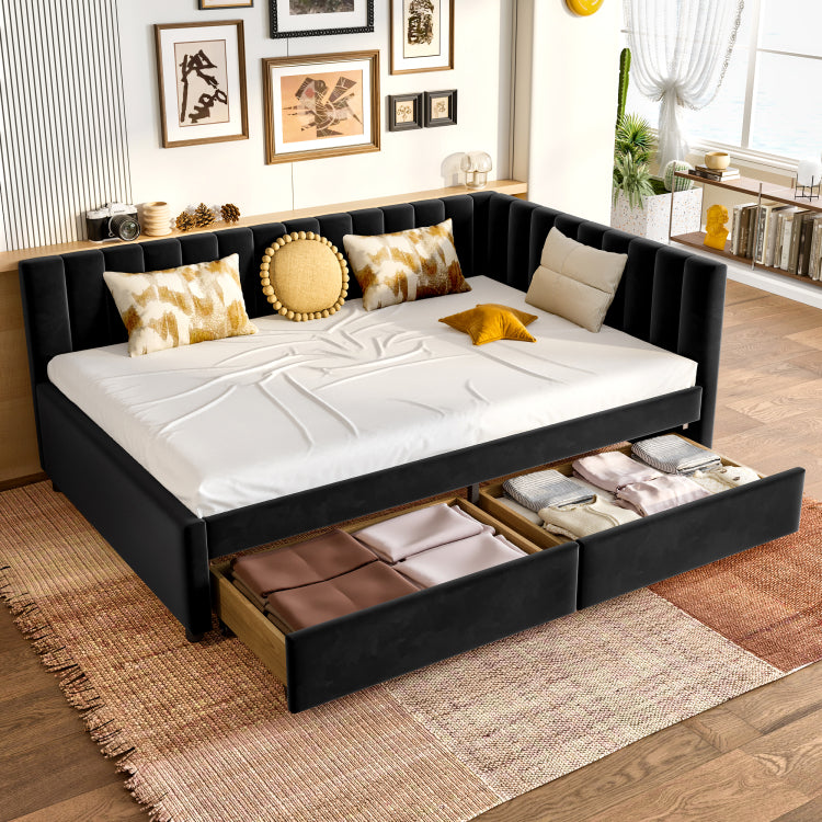 Full Size Daybed With Storage Drawers Upholstered Corner Bed With L Shaped Headboard Velvet Daybed Frame For Living Room Guest Room