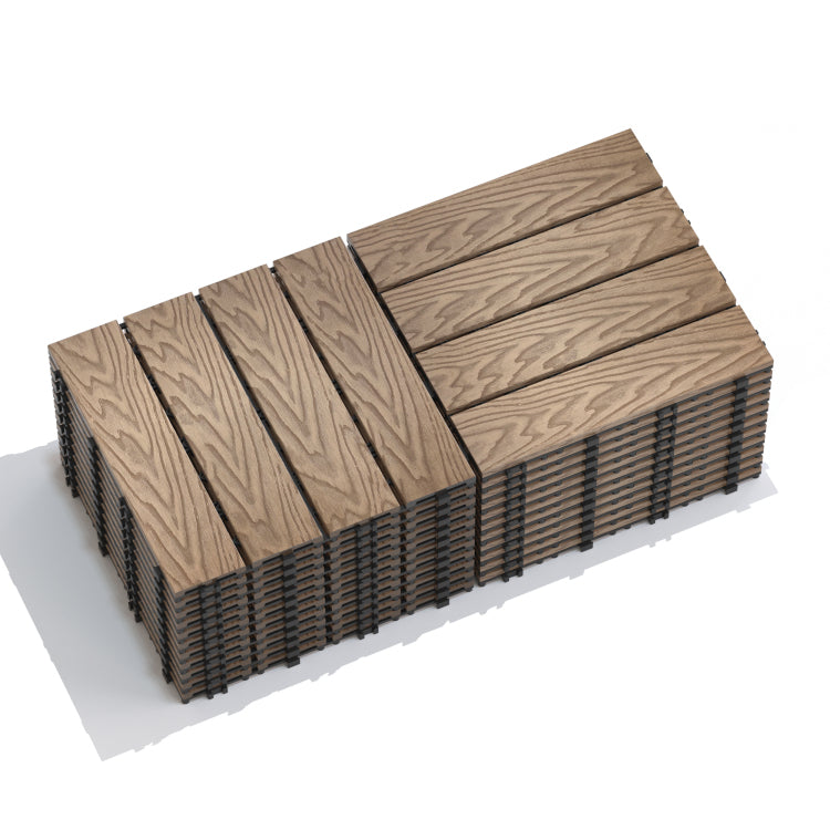 Patio Floor Tiles Pack Of 11 Wpc Wood Plastic Composite Patio Deck Tiles Diy Interlocking Decking Tiles, Quick Deck Floor Tile, Court Tile, Water Resistant Indoor Outdoor 11.8" 3D Teak