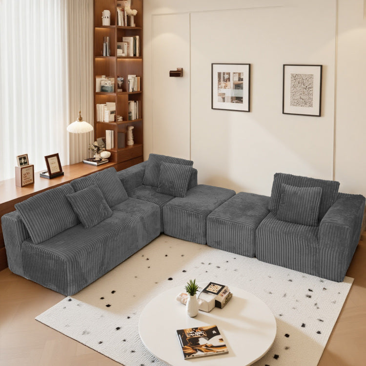 Modular U Shaped Sectional Sofa, 132 Inch 4 Seater With Reversible Chaise Lounge Gray Striped Corduroy Fabric, Modularly Adjustable For Living Room & Bedroom, Feat. Freely Configurable Layout