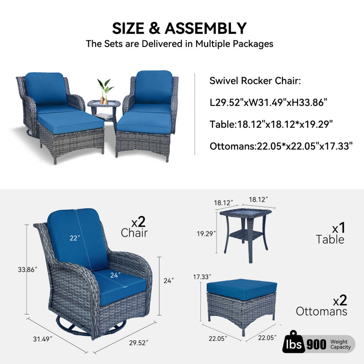 Wicker Patio Furniture Set 5 Piece Rattan Outdoor Sectional Conversation Sets With 2 Swivel Rocking Chairs,2 Ottomans And 1 Side Table For Porch Deck Garden
