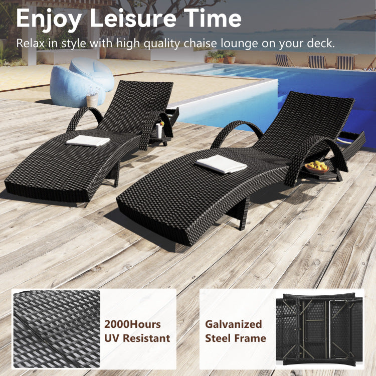 K&K 80'' Outdoor Wicker Chaise Lounge Chairs Set Of 2, Patio Rattan Reclining Chair Pull Out Side Table W 5 Level Adjustable Backrest Ergonomic Wave Design Pool Sunbathing Recliners, Black
