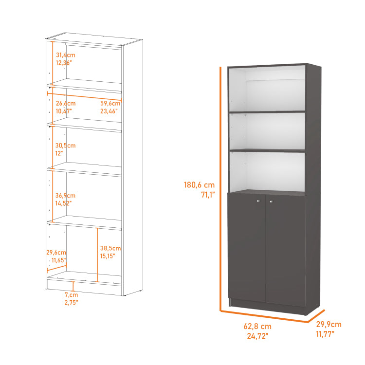 Sutton 2 Door Bookcase, Storage With Multi Level Shelves And Double Door Design