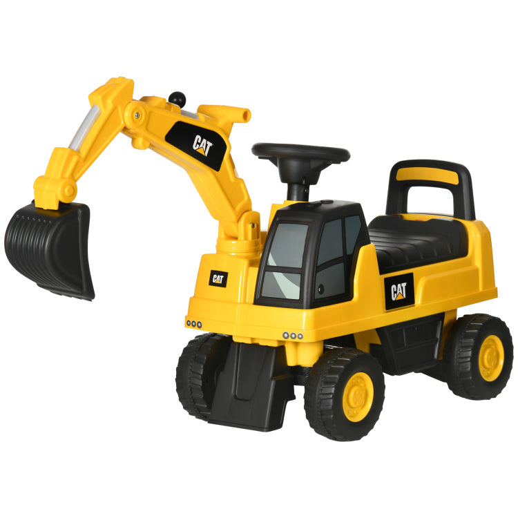 Aosom Excavator Ride On Toy, Cat Licensed Kids Manual Pedal Ride On Excavator With Manual Shovel, Horn, Hidden Storage For 18 36 Months Boys And Girls, Yellow