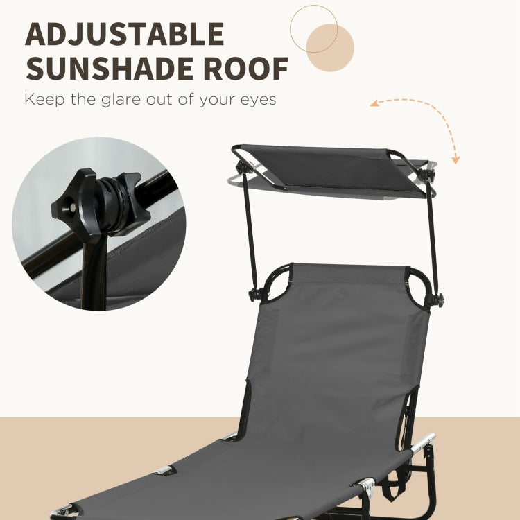 Outsunny Folding Chaise Lounge Pool Chairs, Outdoor Sun Tanning Chairs With Canopy Shade, Reclining Back, Steel Frame And Side Pocket For Beach, Yard, Patio, Dark Gray