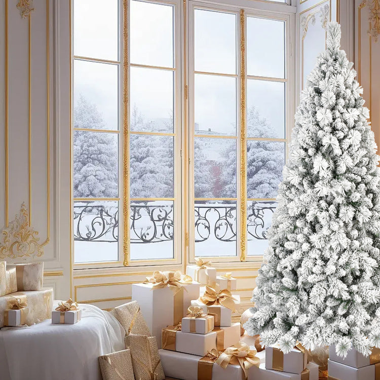 6Ft Flocked Christmas Tree With 752 Tips Snowy Pvc & Hard Needle Branches, Hinged Structure For Easy Setup, Stable Metal Stand Realistic Full Body Holiday Tree