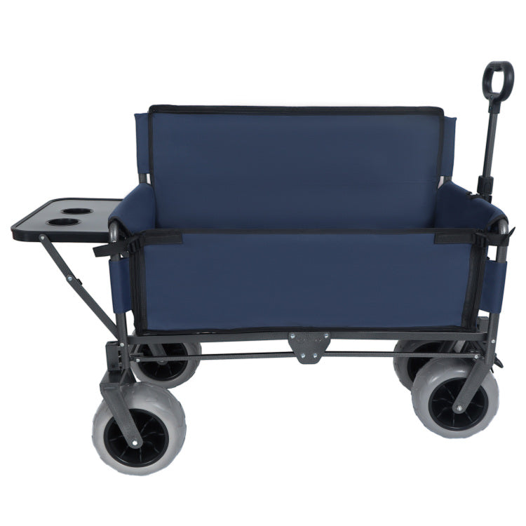 3 In 1 Folding Wagon With Bench Seat & Rear Mounted Folding Tabletop 500Lbs Capacity, 9"X4" Beach Tires For Camping, Beach, Dark Blue