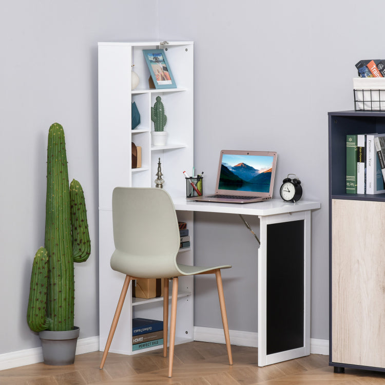Homcom Fold Out Convertible Writing Table Wall Mount Desk Cabinet With Blackboard And Side Shelf Multi Function Home Office Workstation, White