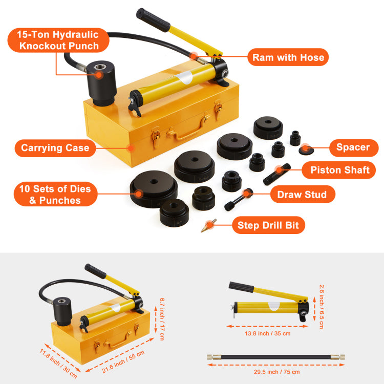 Hydraulic Knockout Punch Kit, 15 Ton 1 2" To 4" Conduit Hole Cutter Set, Ko Tool Kits With Puncher 10 Piece, Metal Sheet Driver Tools, For Aluminum, Brass, Stainless Steel, Fiberglass And Plasti