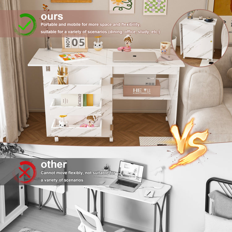 4 In 1 Folding Sewing Table With Lockable Wheels Multi Functional Craft Station, End Table, Computer Desk & Kitchen Storage With Shelves, White Rolling Sewing Machine Table For Apartments