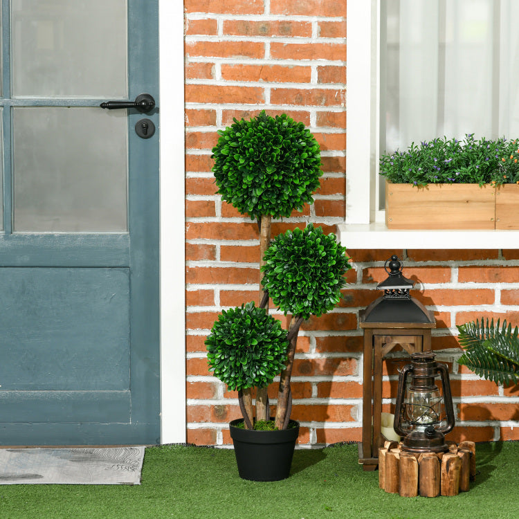 Homcom 3Ft 35.5" Artificial 3 Ball Boxwood Topiary Tree With Pot, Indoor Outdoor Fake Plant For Home Office, Living Room Decor