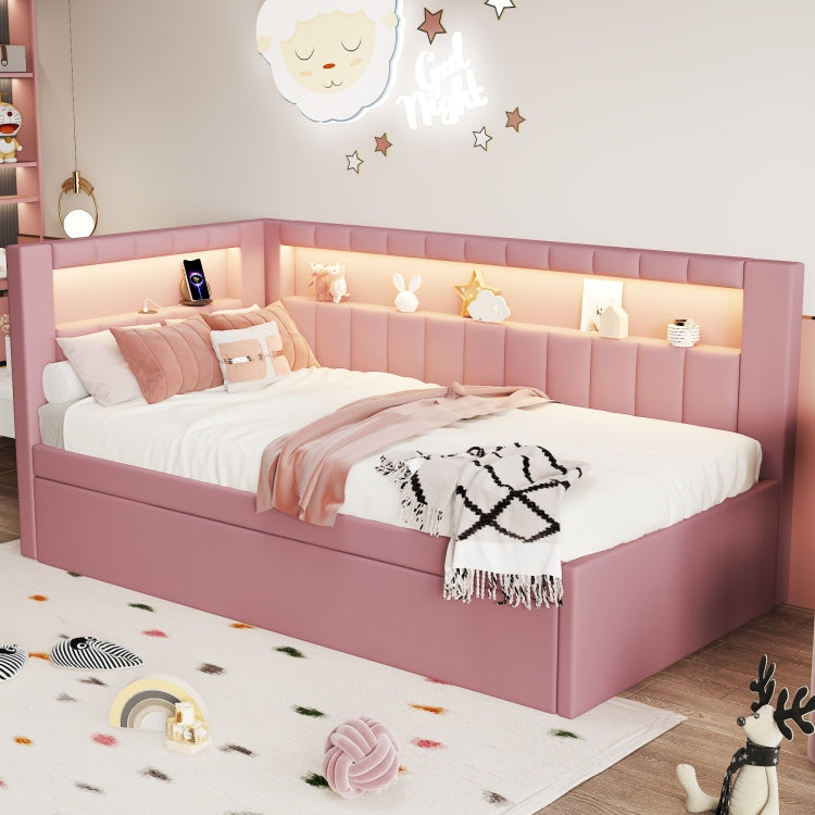 Upholstered Twin Size Platform Bed With Usb Ports And Led Belt, With Trundle, Pink