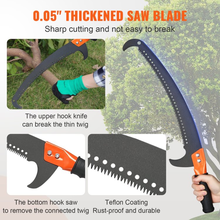 Manual Pole Saw, 7.3 27 Ft Extendable Tree Pruner, Sharp Steel Blade And Scissors High Branches Trimming, Branch Trimmer With Lightweight 8 Fiberglass Handles, For Pruning Palms And Shrubs