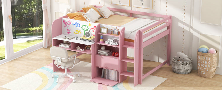 Full Size Low Loft Bed With Built In Desk,Storage Cabinets And Open Bookcase,Whiteboard For Graffiti,Pink