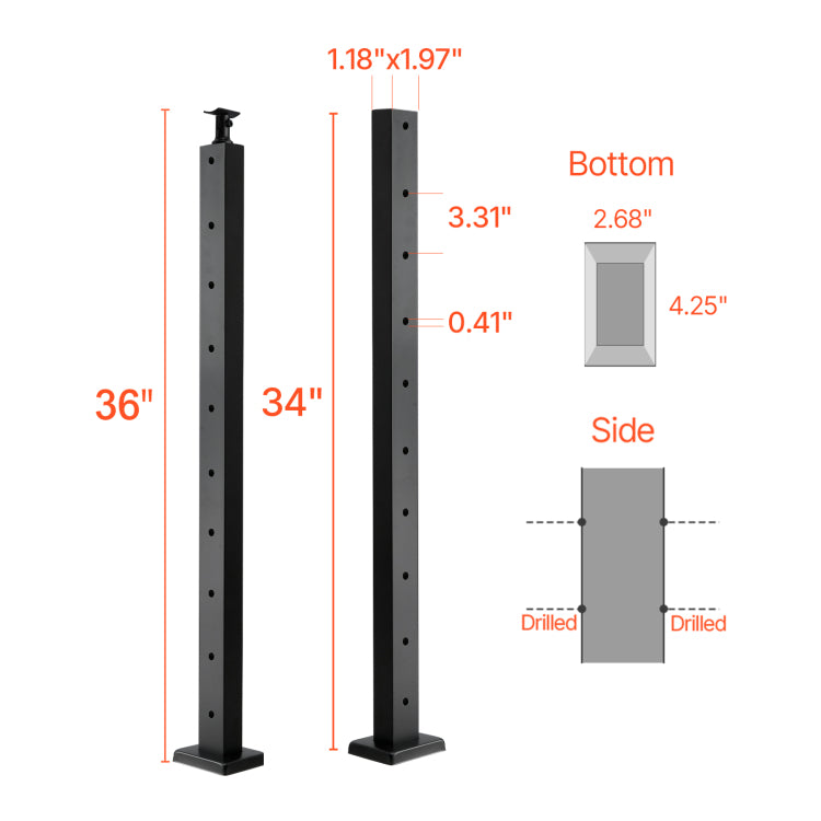 Cable Railing Post, 36X1X2 Inch Level Deck Stair Posts, 1 Pack Stainless Steel Cable Handrail Post, Pre Drilled Pickets With Mounting Bracket Stair Railing Kit, Black, 1Jzlgzxhs914Lza6X001V0