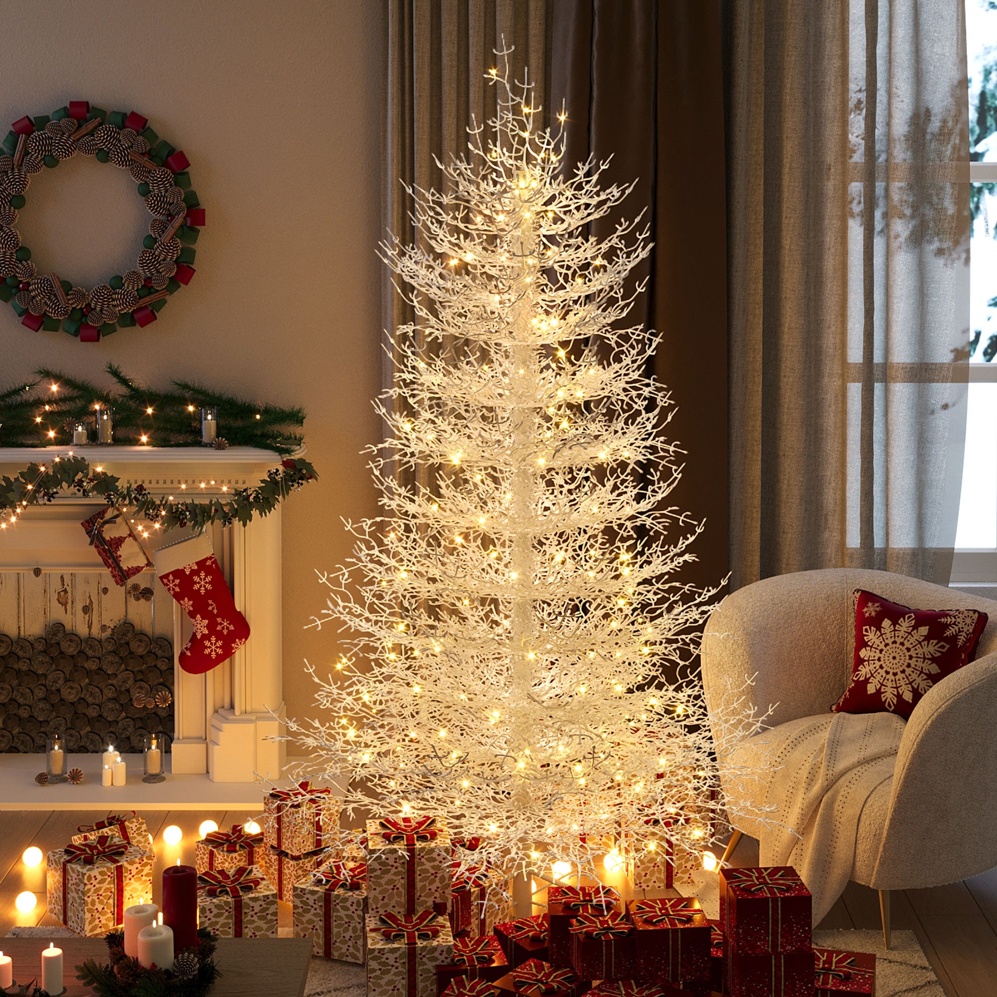 6Ft Pre Lit Aspen Fir Artificial Christmas Tree, Hinged Xmas Tree 623 Snow Flocked Branch Tips, 420 Warm White Led Lights, Holiday Coral Christmas Tree For Home Party