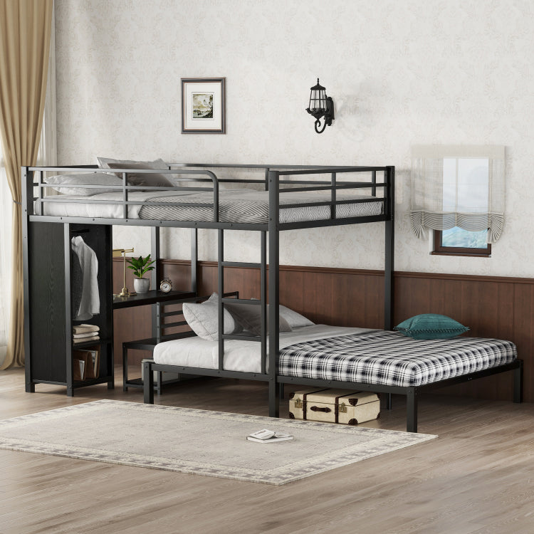 Queen Over Queen Size Bunk Bed Frame With Built In Wardrobe, Metal Bunk Bed With Desk And Storage Chairs, Black