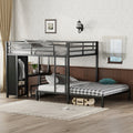 Queen Over Queen Size Bunk Bed Frame With Built In Wardrobe, Metal Bunk Bed With Desk And Storage Chairs, Black