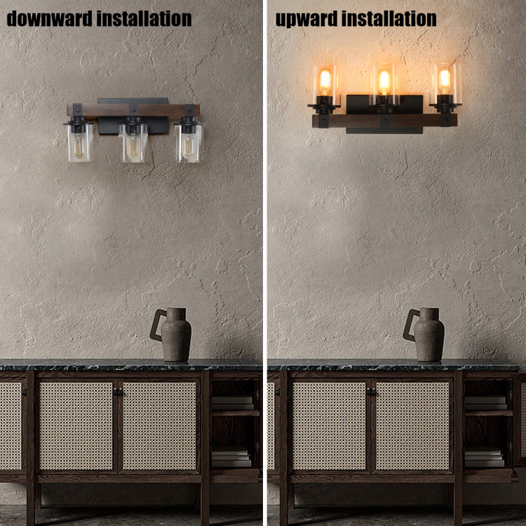 19" Rustic 3 Light Vanity Light, Industrial Bathroom Wall Sconce With Glass Shades And Wood Accent, Modern Farmhouse Lighting Fixture No Bulbs