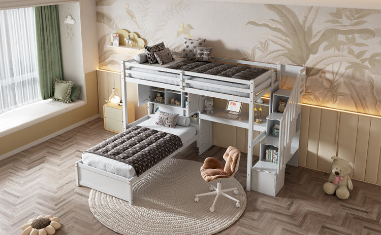 Twin Over Twin Loft Bed With Built In Desk And Staircase, With Storage Compartments And Shelves, White