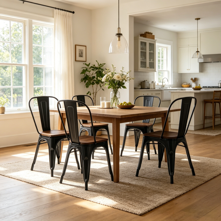 Set Of 2 High Gloss Black With Walnut Wooden Seat Industrial Metal Dining Chairs 18 Inch Seat Height Stackable, Indoor Outdoor, Lightweight Easy Clean Surface, Easy Assembly, Durable Modern Design
