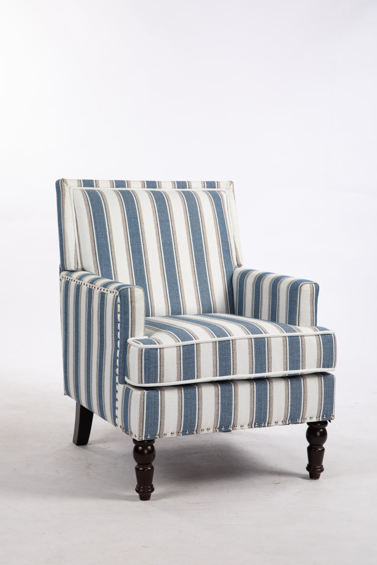 Upholstered Accent Chair, Vintage Armchair With Blue And White Striped Linen Fabric And Nailhead Trim For Living Room
