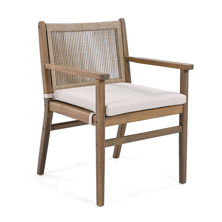 Outdoor Dining Chairs Set Of 2, Acacia Wood Patio Armchair With Rope Design Back And Water Repellent Cushion, Light Brown, 400Lbs Weight Capacity