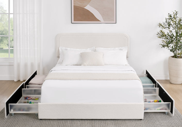 Liv Queen Size Ivory Boucle Upholstered Platform Bed With Patented 4 Drawers Storage, Curved Stitched Tufted Headboard, Wooden Slat Mattress Support, No Box Spring Needed
