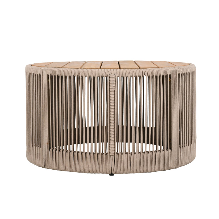 Outdoor Rattan Rope & Acacia Wood Coffee Table Patio Balcony Furniture For Garden, Yard, Balcony Weather Resistant Rope Beige, Natural Iron