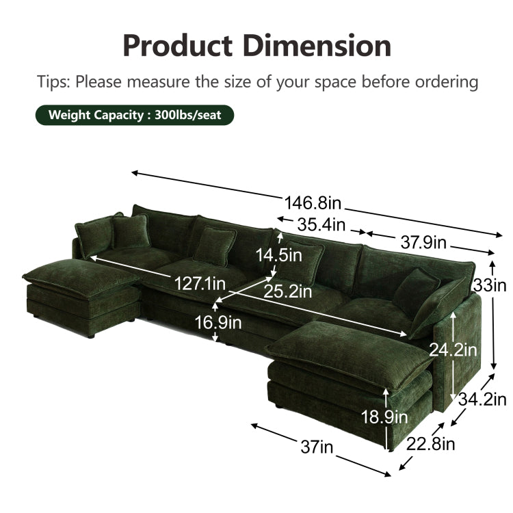 Comfort U Shaped Couch With Reversible Chaise, Modular Large U Shape Sectional Sofa, Double Extra Ottomans,Green Chenille