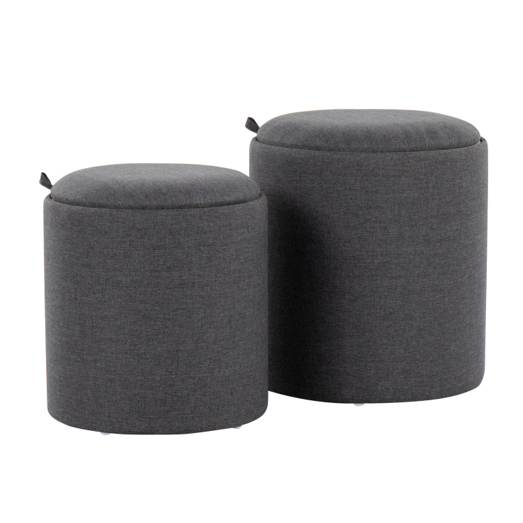 Contemporary Nesting Ottoman Set In Charcoal Fabric And Natural Wood