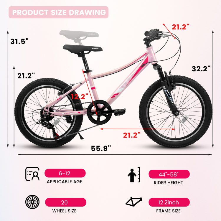 A20261 20 Inch Children'S Bicycle, Shock Absorbing Front Fork, 7 Speed, V Brakes, Mountain Tire, Boys And Girls Kids Bike For Outdoor Adventure