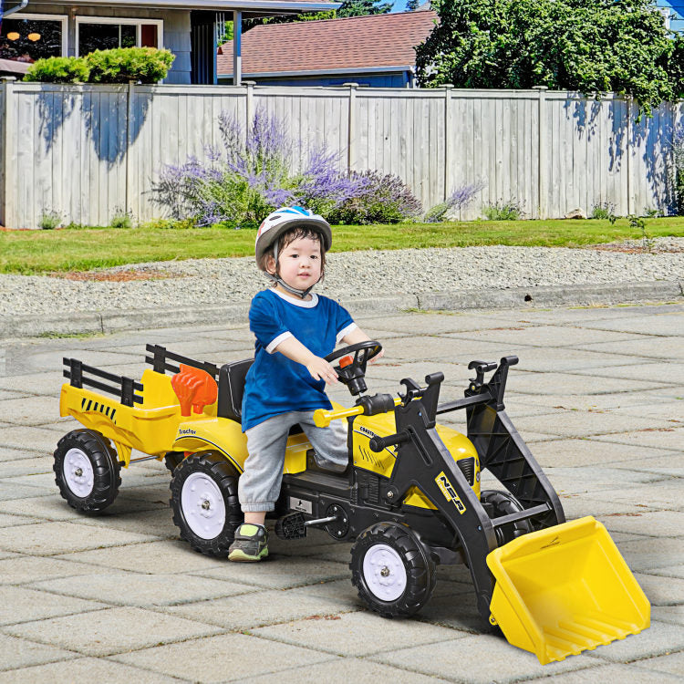Aosom Kids Ride On Excavator, Pedal Car Bulldozer, Move Forward Back With Real Working Dirt Bucket, 6 Wheels, & Cargo Trailer
