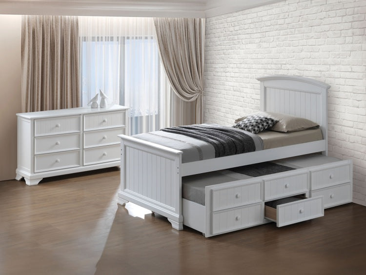 Transitional Style Capital Twin Bum Bed White Finish Headboard And Footboard Panel Trundle With 3 Storage Drawers Mortise & Tenon Joint