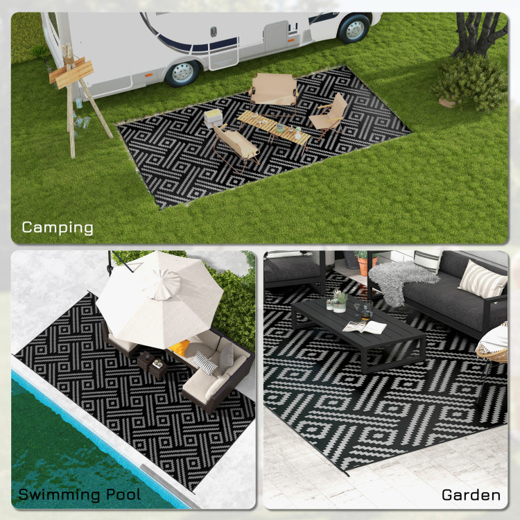 Outsunny Reversible Outdoor Rug, 9' X 18' Waterproof Plastic Straw Floor Mat, Portable Rv Camping Carpet With Carry Bag, Large Floor Mat For Backyard, Deck, Picnic, Beach, Black & Gray Geometric