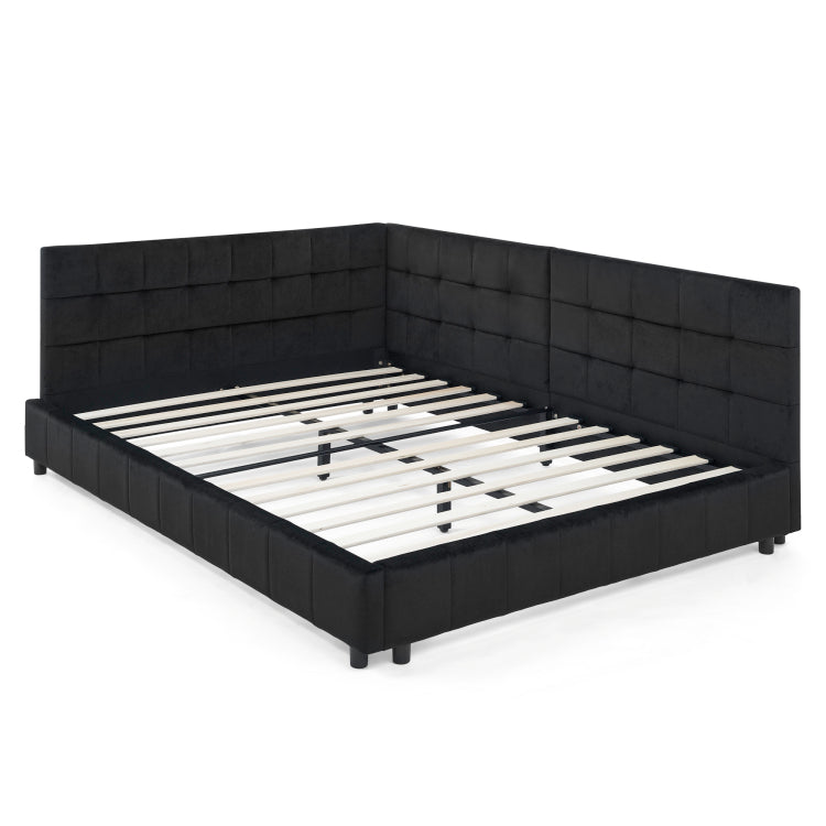 Full Size Upholstered Tufted Bed Frame, Sofa Bed Frame With Comfortable Backrest And Armrests, Full Size Bed For Bedroom, Living Room,Velvet, Black 80.5''*59''*30.5''