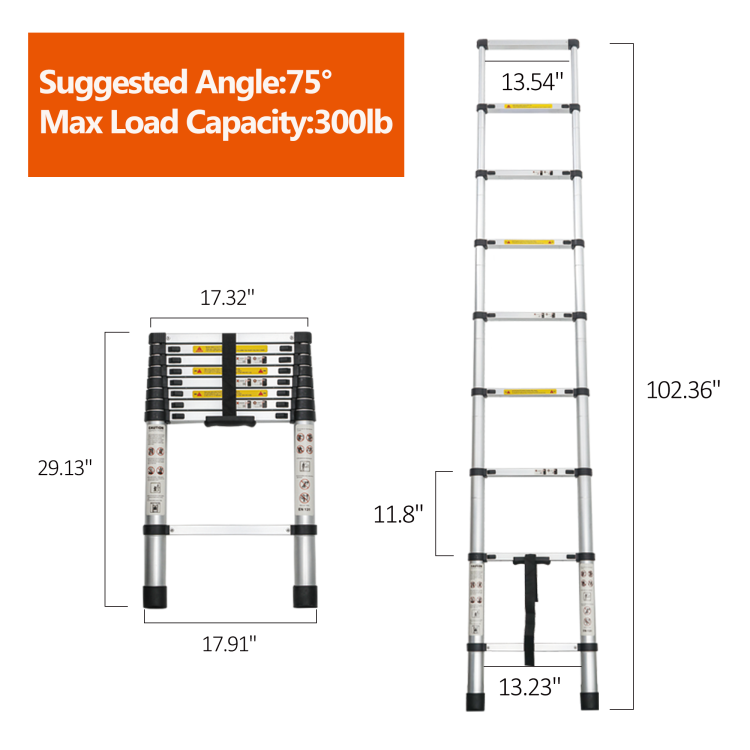 Telescoping Ladder 8.5Ft, Telescopic Extension Ladder, Aluminum Alloy Folding Ladder Portable Multi Purpose For Indoor Outdoor Work, Heavy Duty 300 Lbs Load