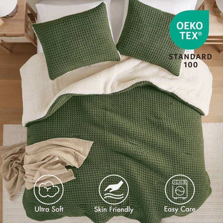 3 Pieces Full Queen Waffle Knit Chenille Comforter Set,Olive