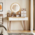 Makeup Vanity Desk With 3 Adjustable Lighted Mirror With Solid Wood Table Feet , Dressing Table Set With 4 Drawers And 3 Open Shelves For Small Space Bedroom
