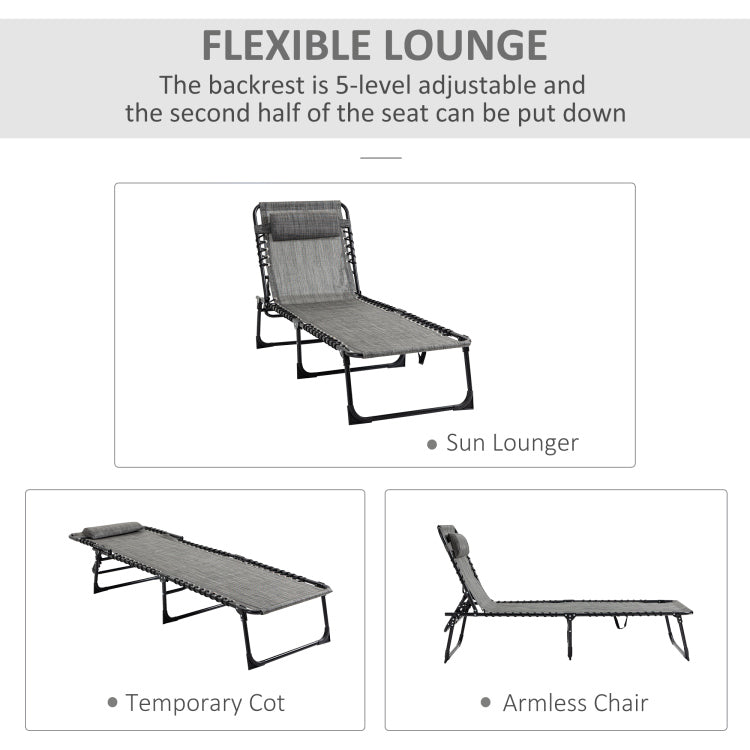 Outsunny Reclining Chaise Lounge Chair, Portable Sun Lounger, Folding Camping Cot, With Adjustable Backrest And Removable Pillow, For Patio, Garden, Beach, Grey