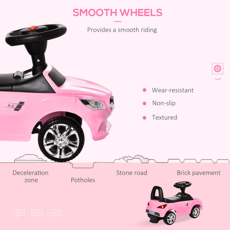 Aosom Kids Ride On Push Car, Foot To Floor Walking Sliding Toy Car For Toddler With Working Horn, Music, Headlights And Storage, Pink
