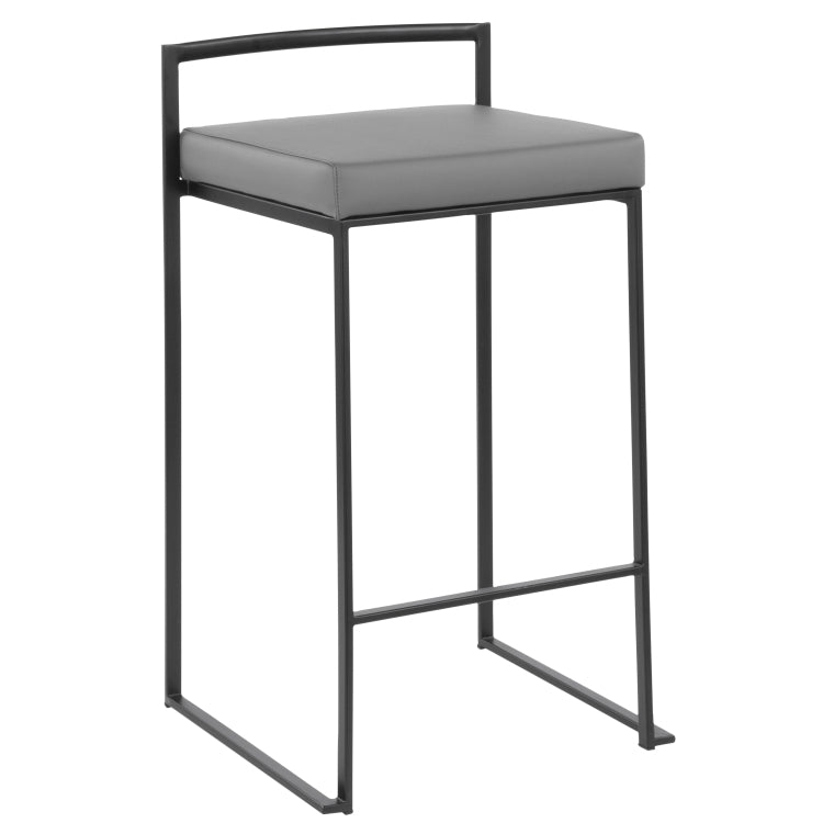 Contemporary Stackable Counter Stool In Black With Grey Faux Leather Cushion Set Of 2