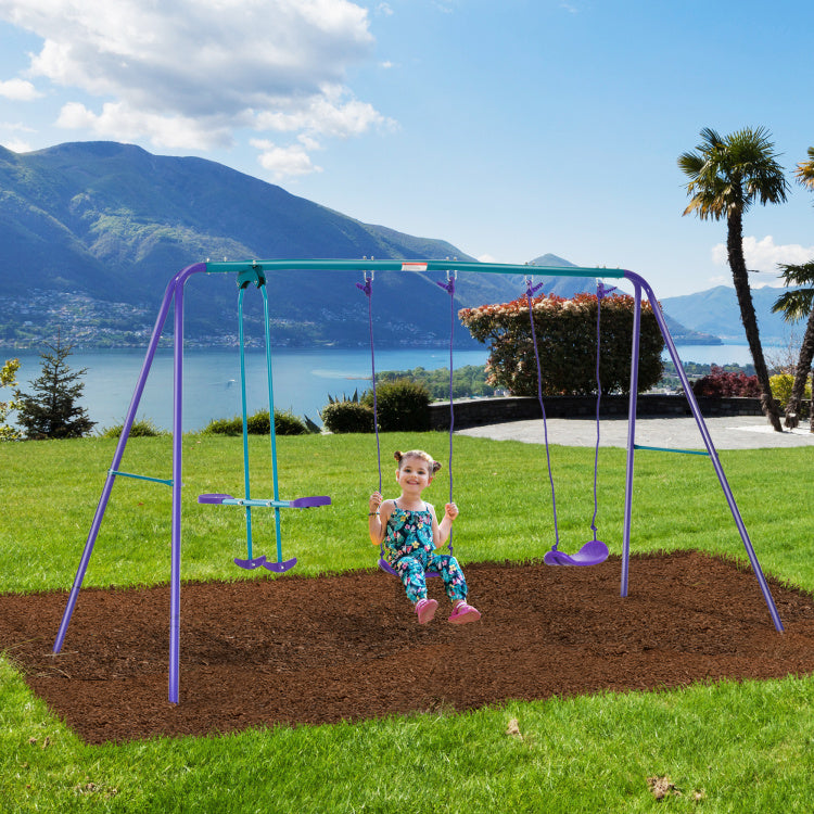 Outsunny Metal Swing Set With Glider, Two Swing Seats And Adjustable Height, Outdoor Heavy Duty A Frame Suitable For Playground, Backyard, Purple