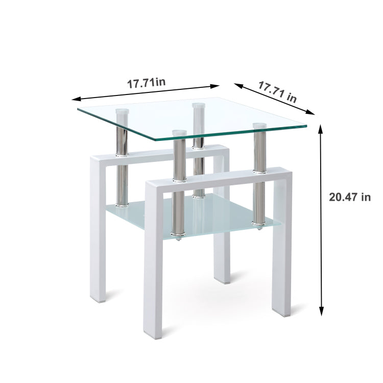 2 Pieces White Tempered Clear Glass End Table, 2 Layers Small Table With Storage, Living Room Side Table